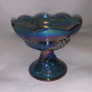 Set 2 blue carnival glass candle holder vintage Indiana harvest grapes pattern